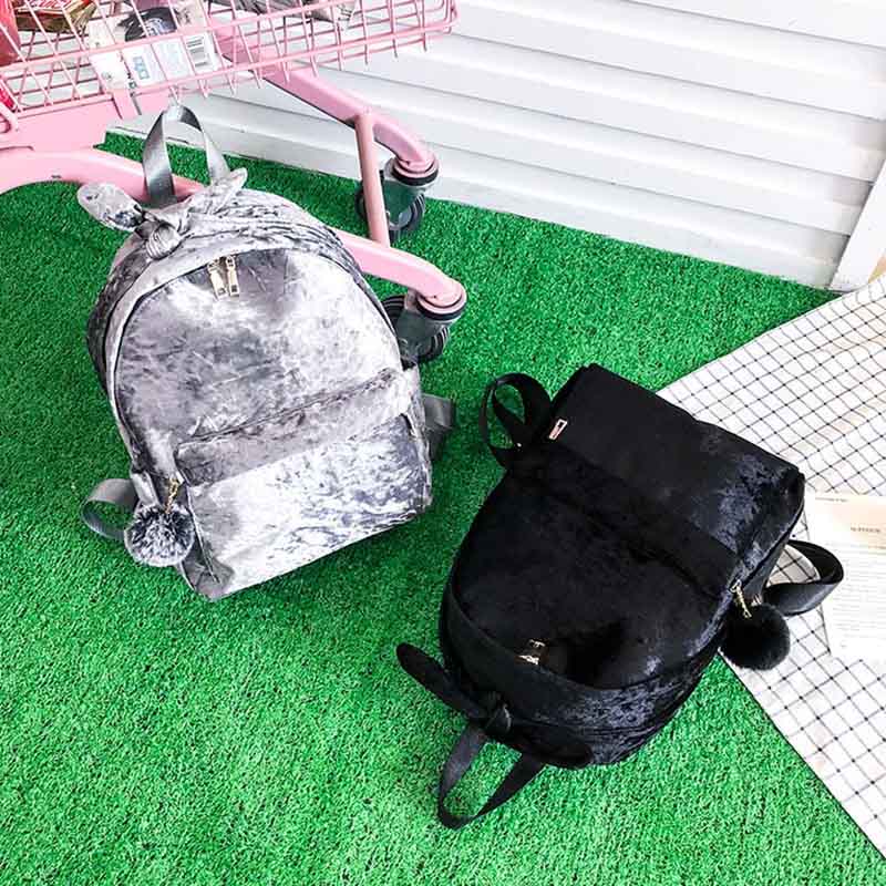 Cute Bow Faux Fur Soft Corduroy Backpack for Girls