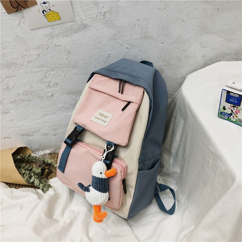 Cute Two-Tone Duck Doll Waterproof Nylon Multipockets Backpack School Bag