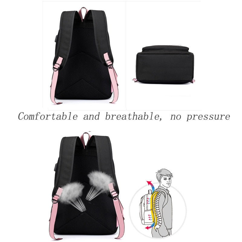 Cute Cartoon Cat Plushie Large Capacity Backpacks School Bag With USB Charging Chain Bundle
