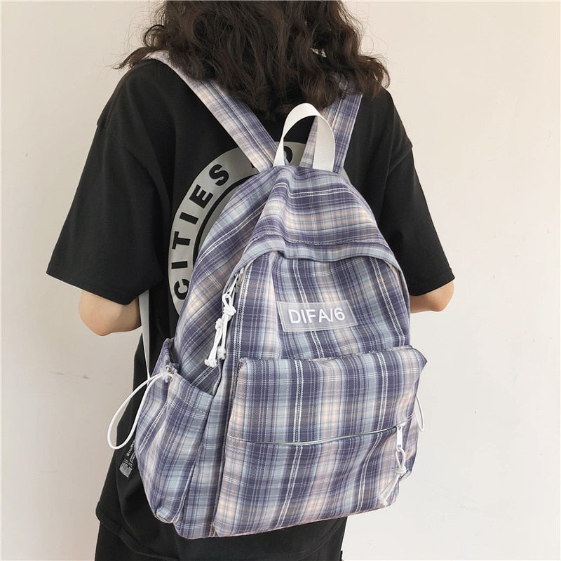 Plaid Lattice Cotton Fabric College School Backpack