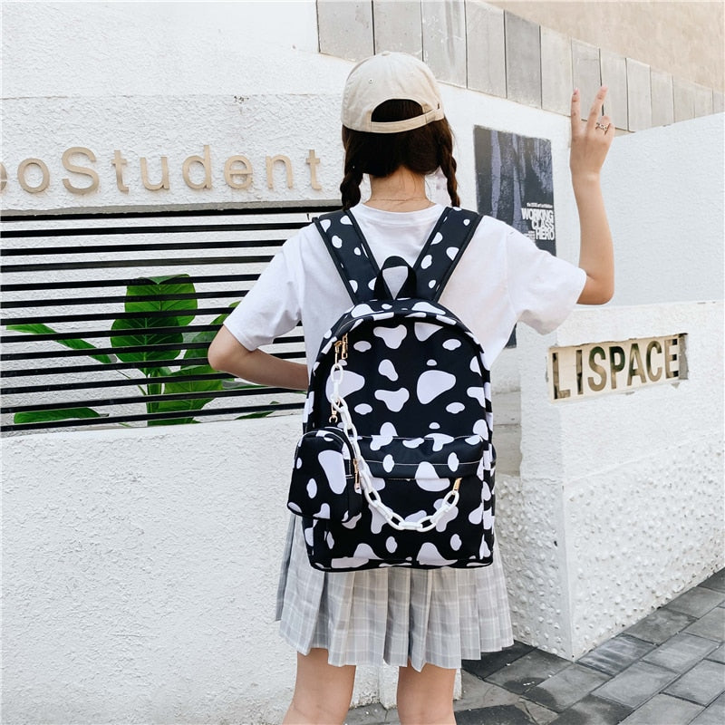 Minimal Cow Pattern Print School Book Bag Backpack for Teenagers