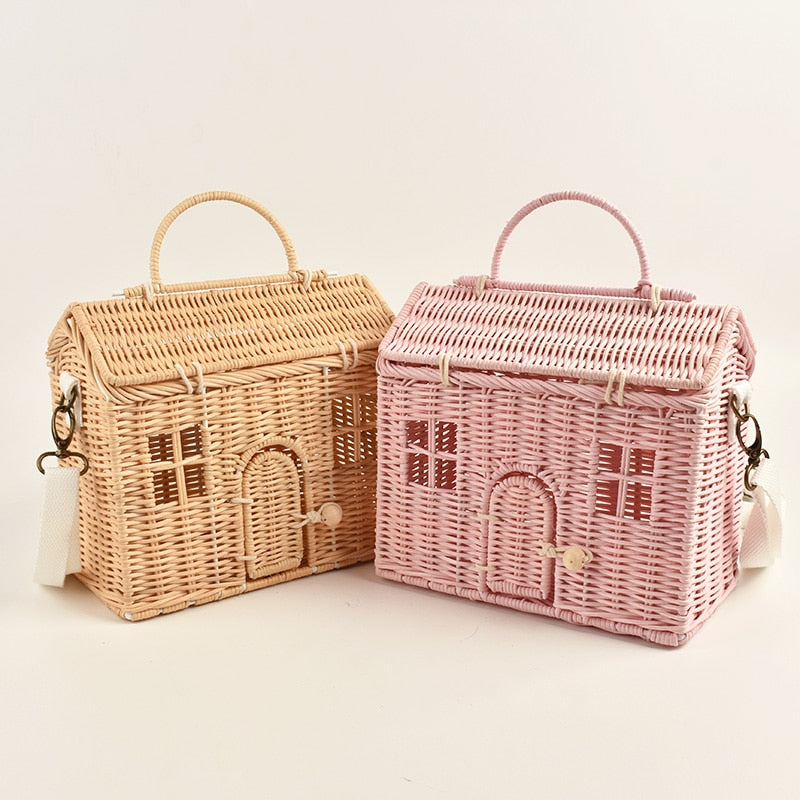 House Shape Rattan Straw Handbags Shoulder Bag