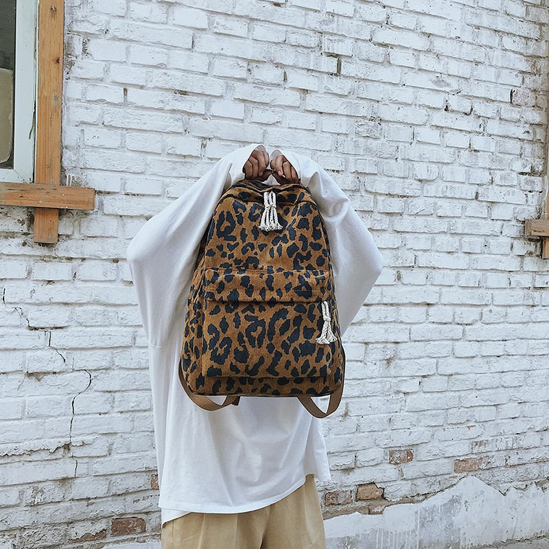 Brown Leopard Print Corduroy Dual Straps Backpack School Bag