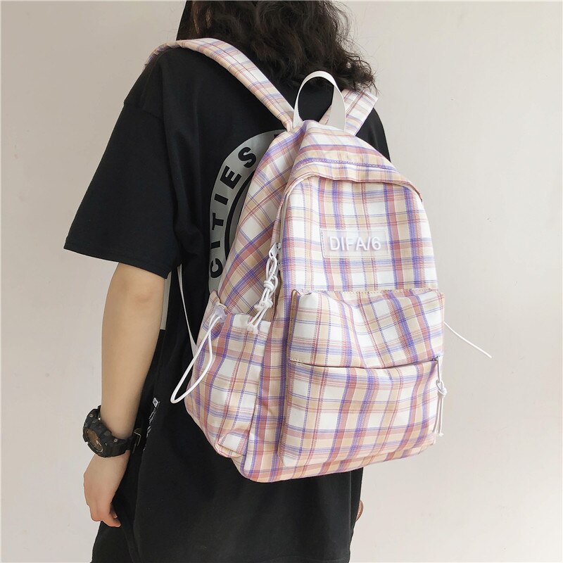 Plaid Lattice Cotton Fabric College School Backpack