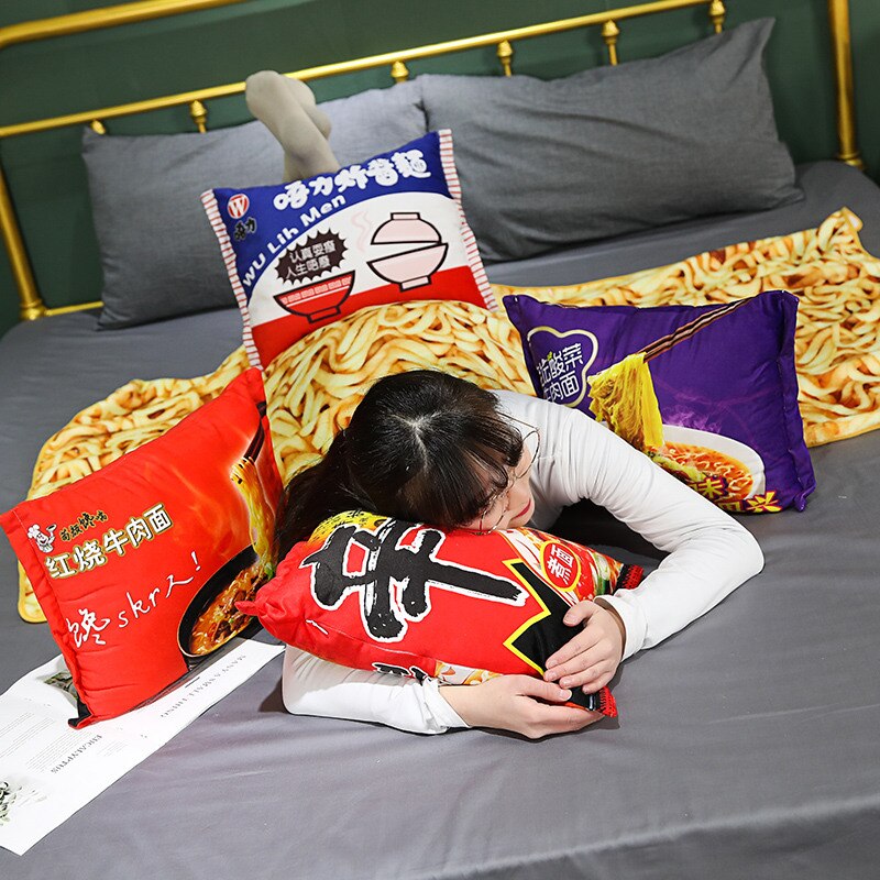 Instant Beef Fried Noodles Stuffed Plush Pillow with Blanket