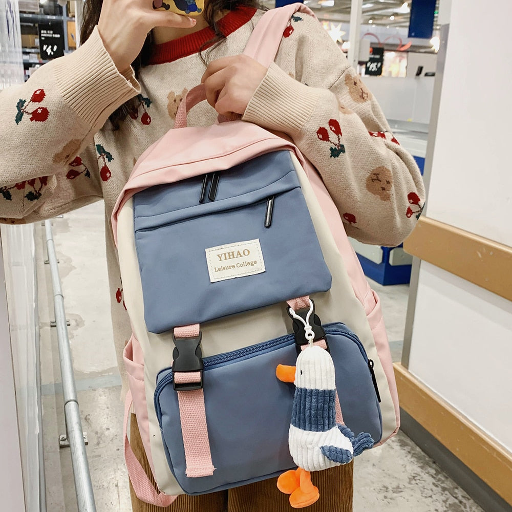 Cute Two-Tone Duck Doll Waterproof Nylon Multipockets Backpack School Bag