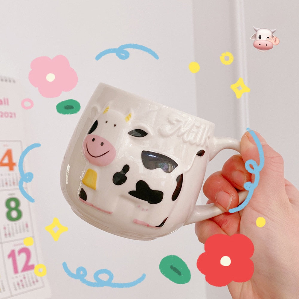 Cute Lovely Moo Cow Ceramic 420mL Milk Cup with Handle