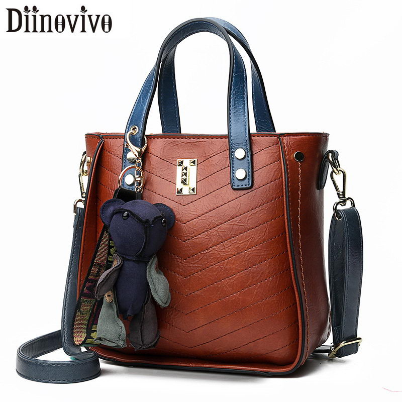 Vintage Rivet Women Handbag Shoulder Bag with Cute Bear Keychain