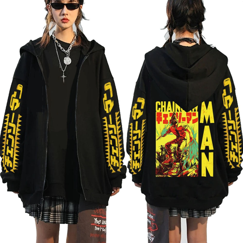 Anime Chainsaw Man Print Long Sleeve Zipper Hoodie Sweatshirt