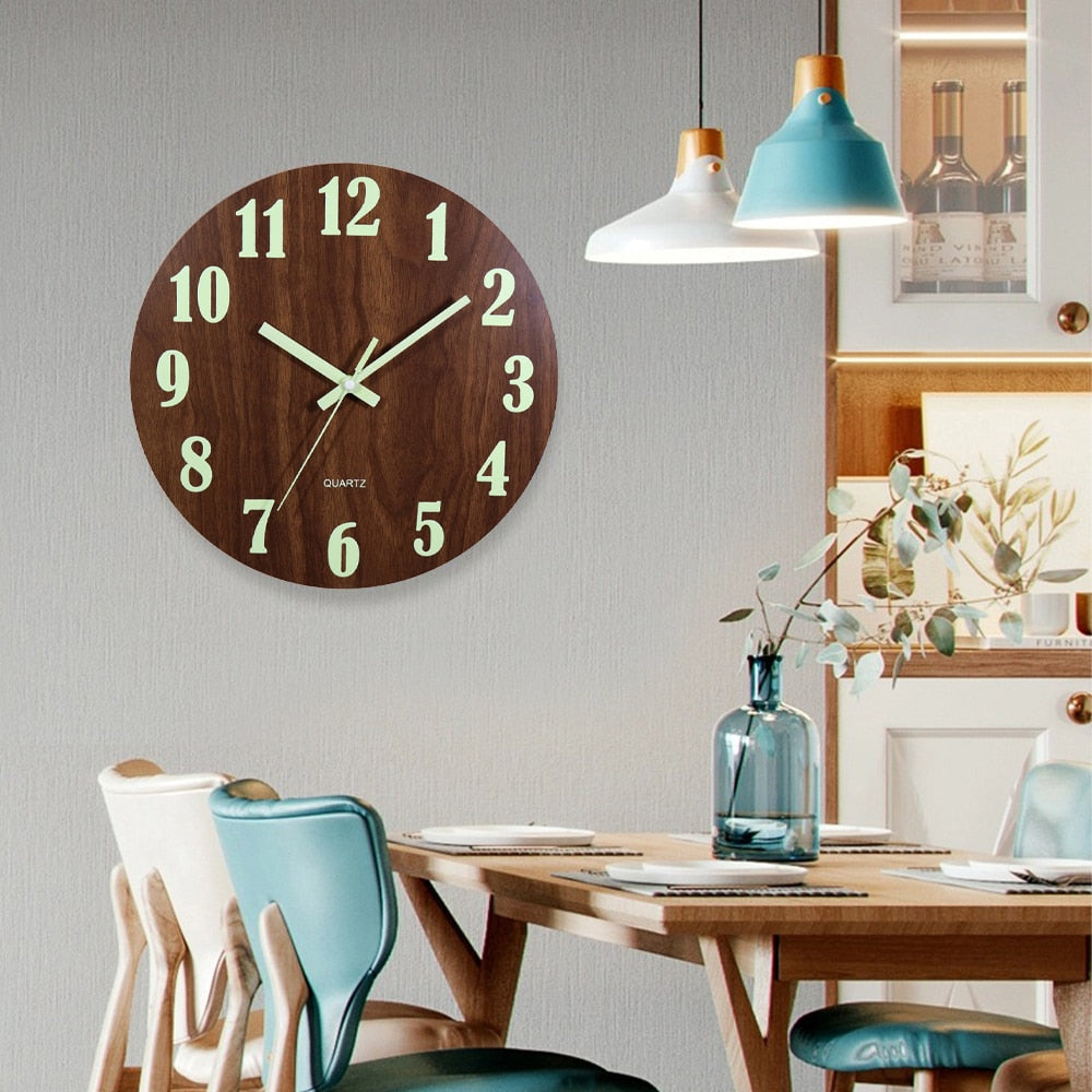 Large Numbers Luminous Glow in the Dark 12 Inch Silent Wood Wall Clock