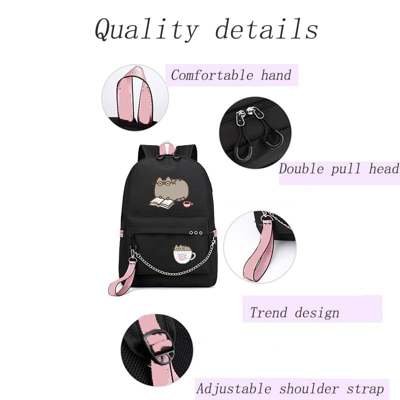 Cute Cartoon Cat Plushie Large Capacity Backpacks School Bag With USB Charging Chain Bundle