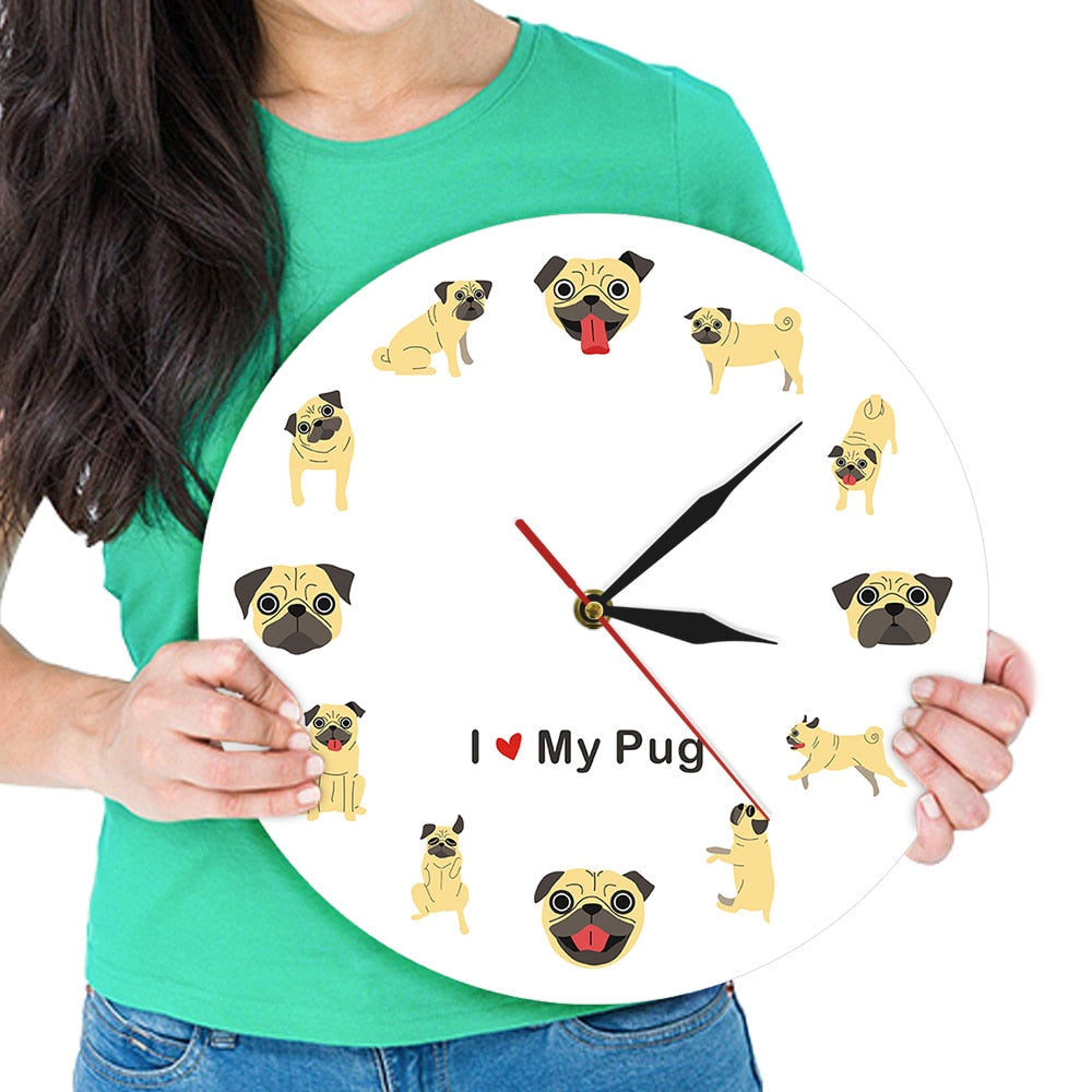 Cartoon I Love My Pug Modern Wall Clock Pug Lover Gift