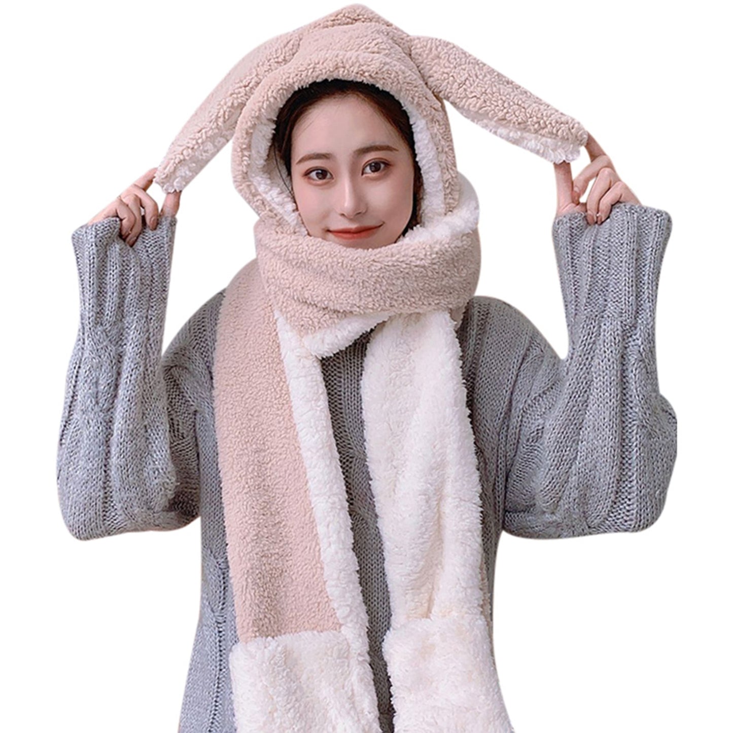 Cute Bunny Long Ear 3 in 1 Plush Warm Hat Scarf Gloves