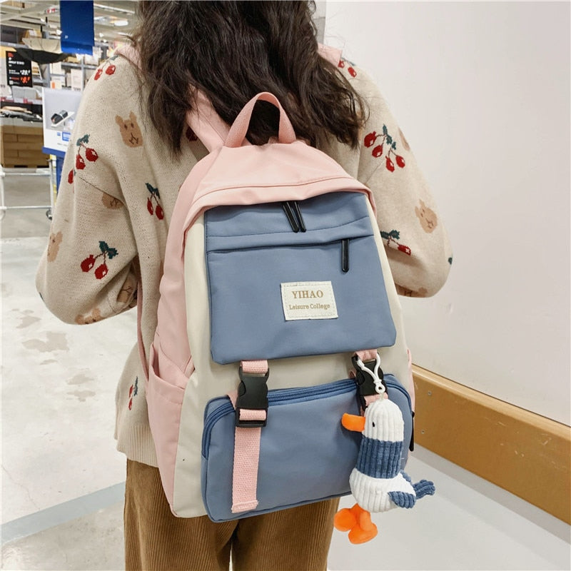 Cute Two-Tone Duck Doll Waterproof Nylon Multipockets Backpack School Bag