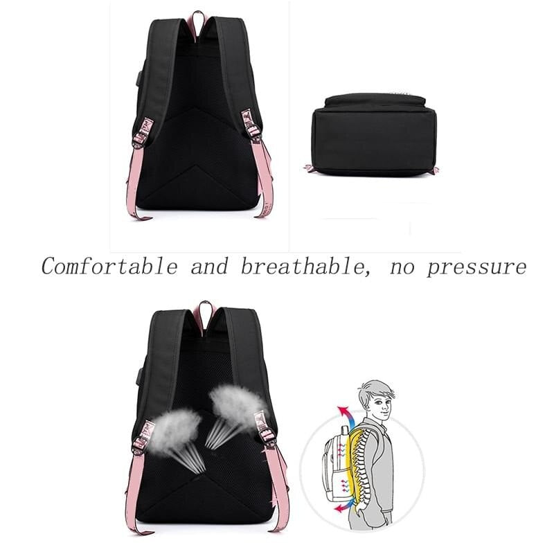 Cute Cartoon Cat Plushie Large Capacity Backpacks School Bag With USB Charging Chain Bundle
