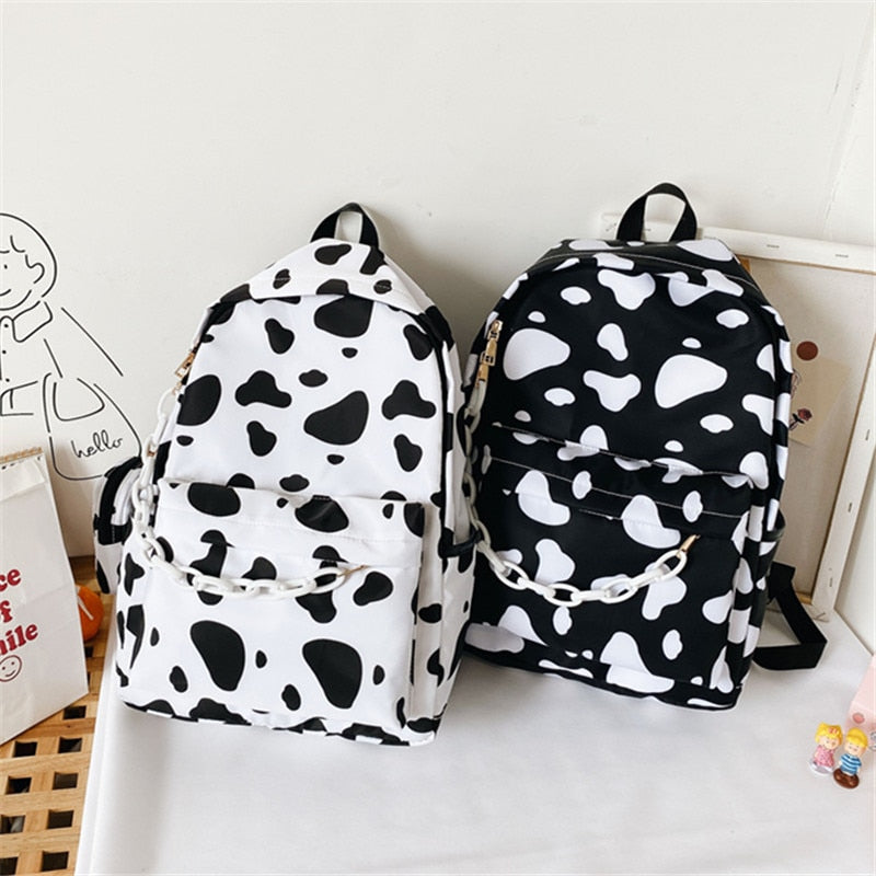 Minimal Cow Pattern Print School Book Bag Backpack for Teenagers