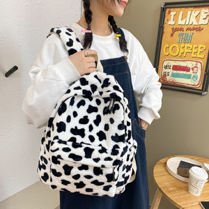 Fluffy Cow Pattern Soft Handle Women Plush Backpack School Bag