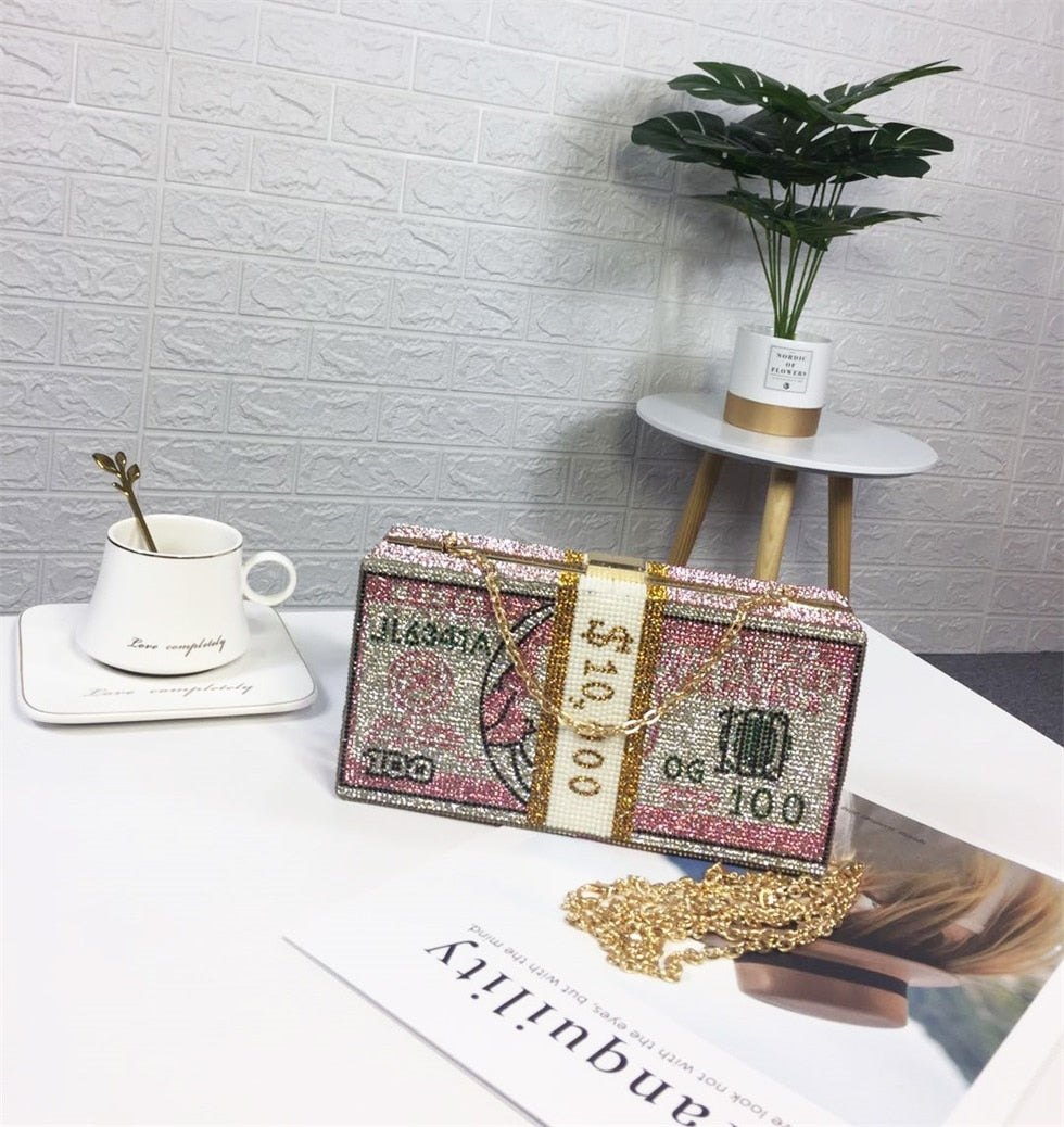 Luxury USD Dollar Money Design Crystal Evening Purse Shoulder Bag
