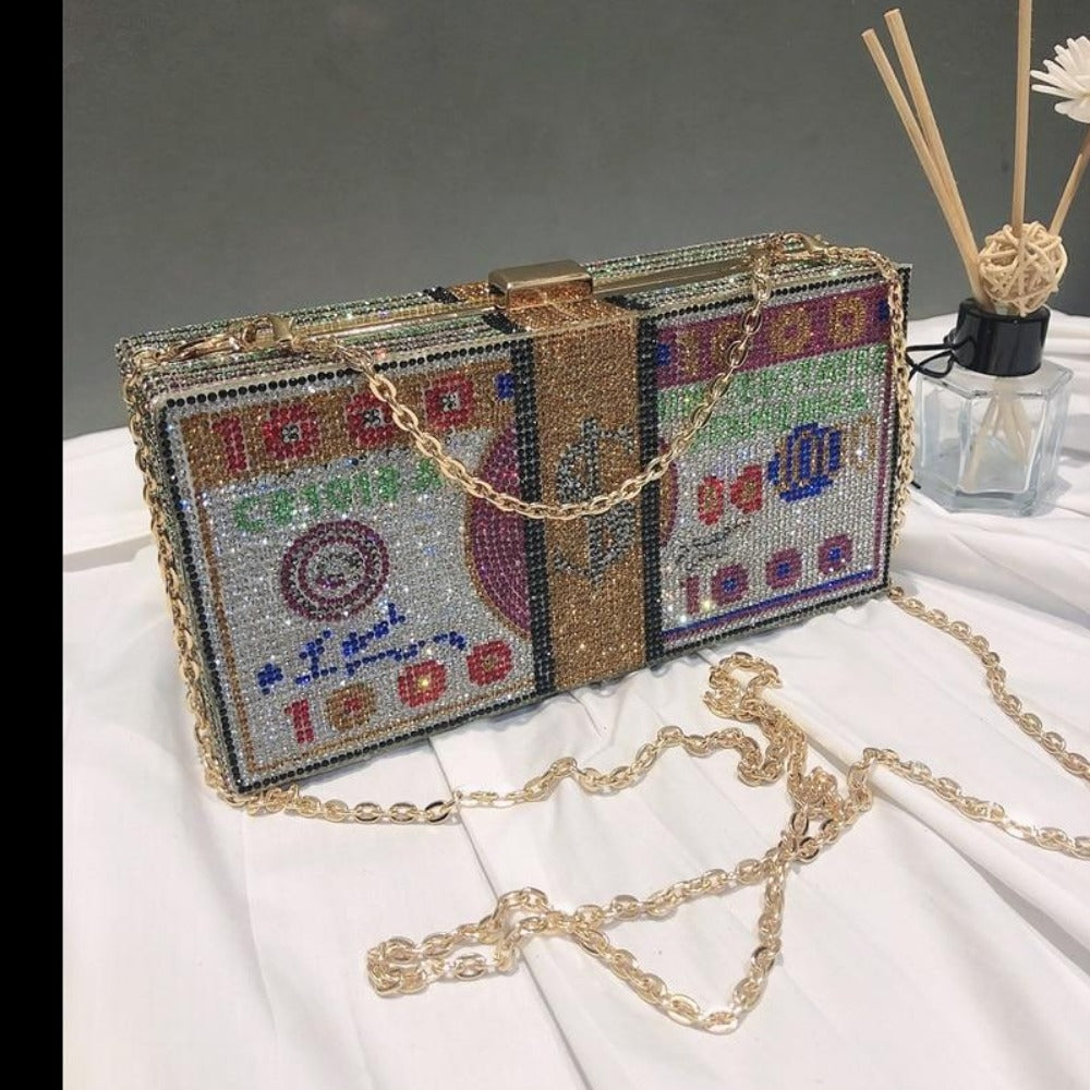 Luxury USD Dollar Money Design Crystal Evening Purse Shoulder Bag