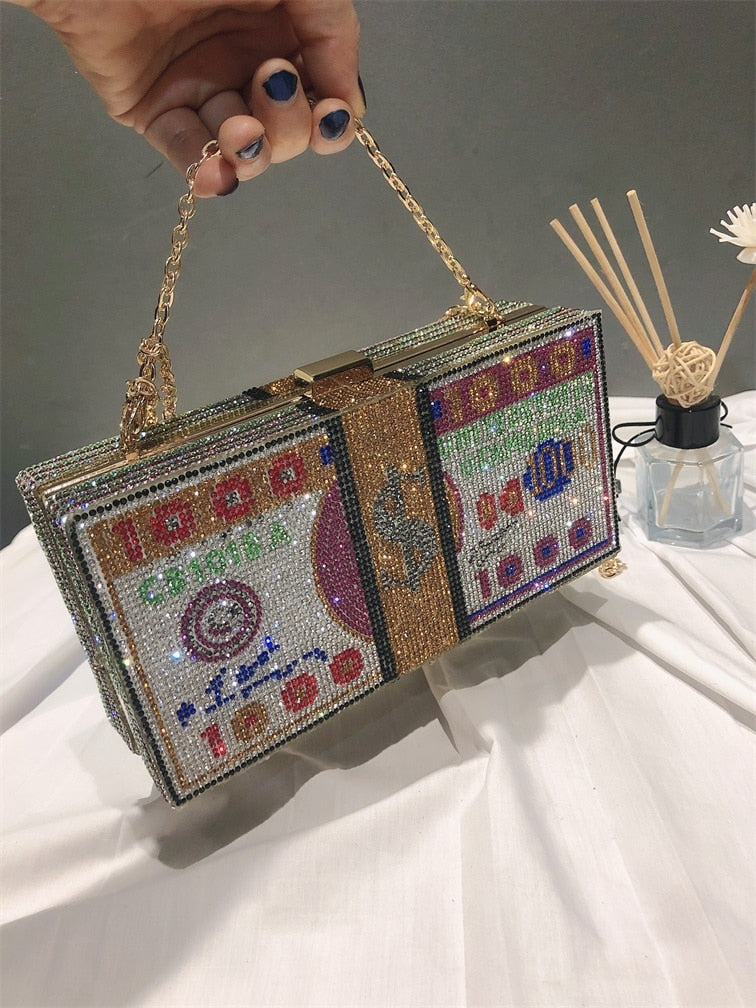 Luxury USD Dollar Money Design Crystal Evening Purse Shoulder Bag