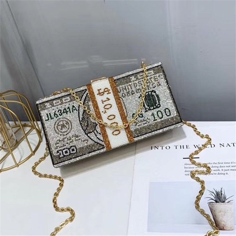 Luxury USD Dollar Money Design Crystal Evening Purse Shoulder Bag