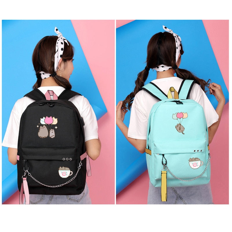 Cute Cartoon Cat Plushie Large Capacity Backpacks School Bag With USB Charging Chain Bundle