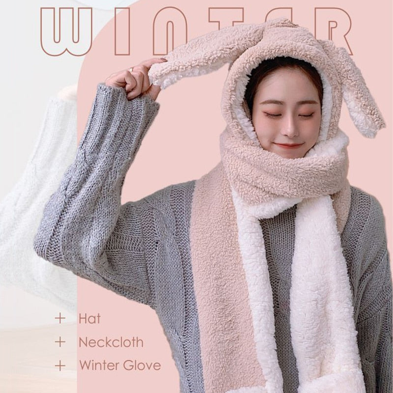 Cute Bunny Long Ear 3 in 1 Plush Warm Hat Scarf Gloves