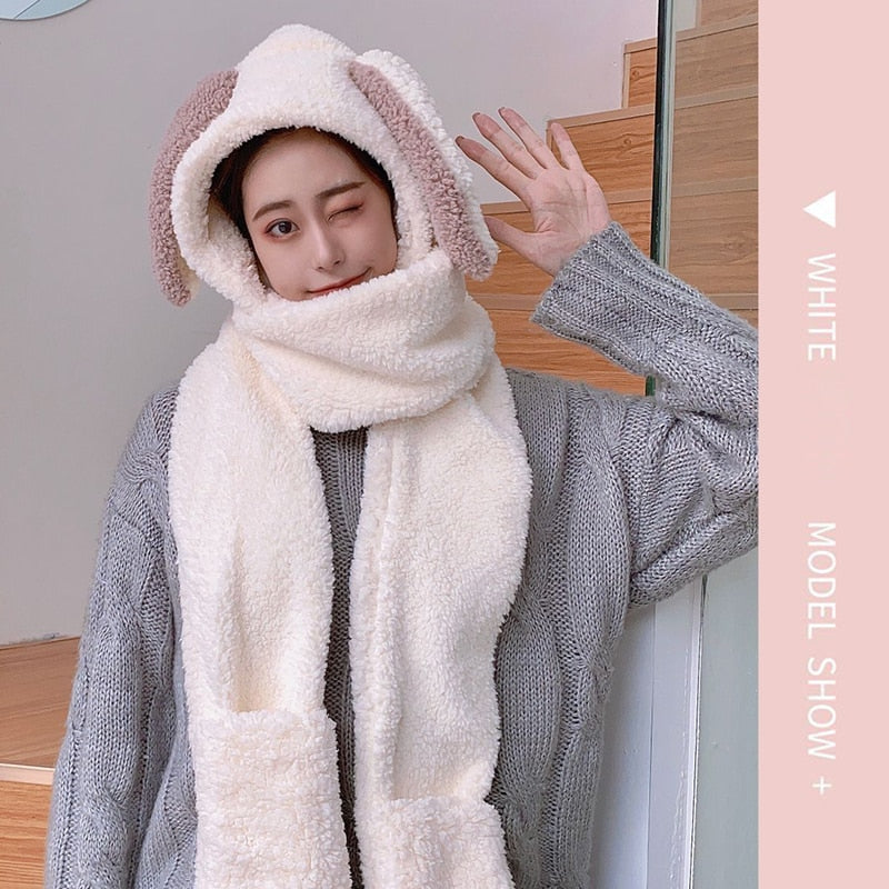 Cute Bunny Long Ear 3 in 1 Plush Warm Hat Scarf Gloves