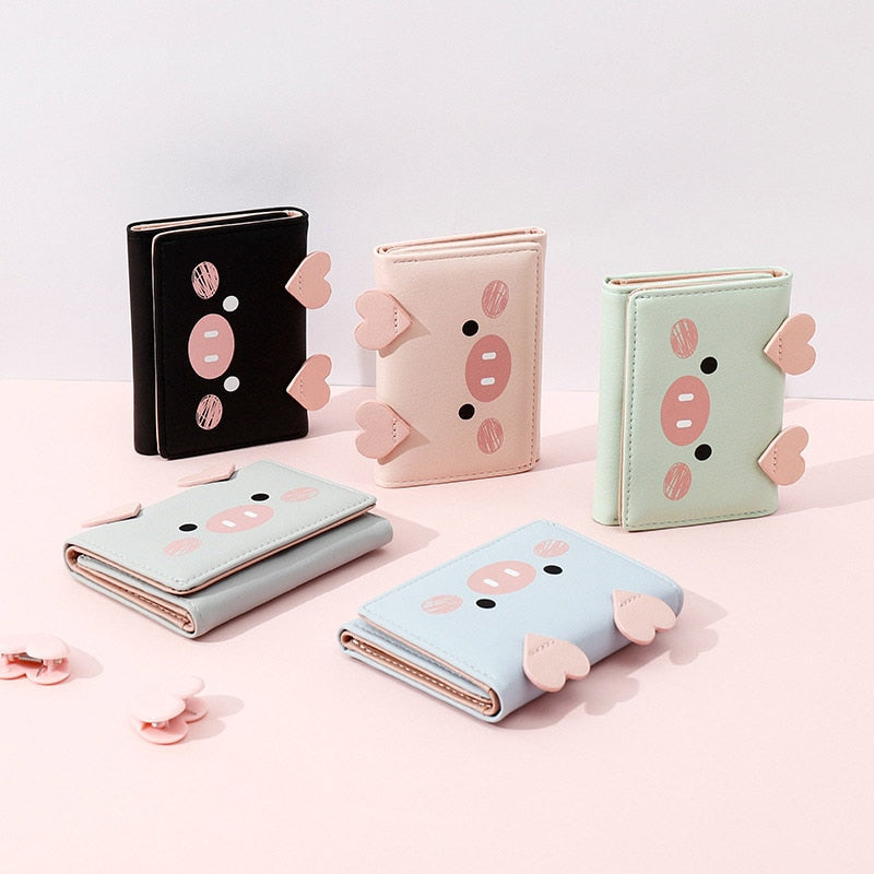 Cartoon Piglet Face Trifold Leather Purse Short Wallet for Girls