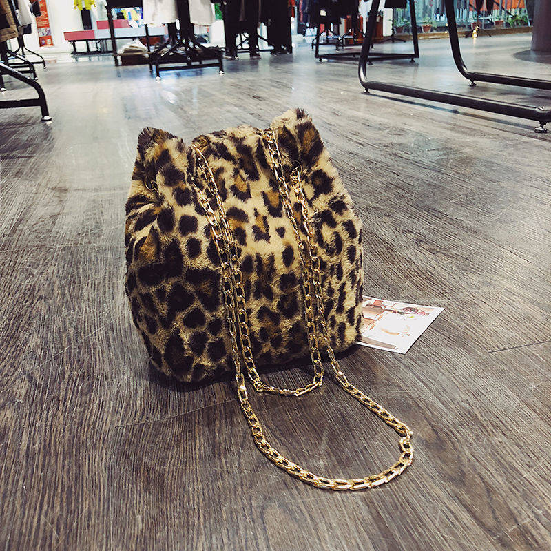 Leopard Faux Fur Bucket Purse Shoulder Bag