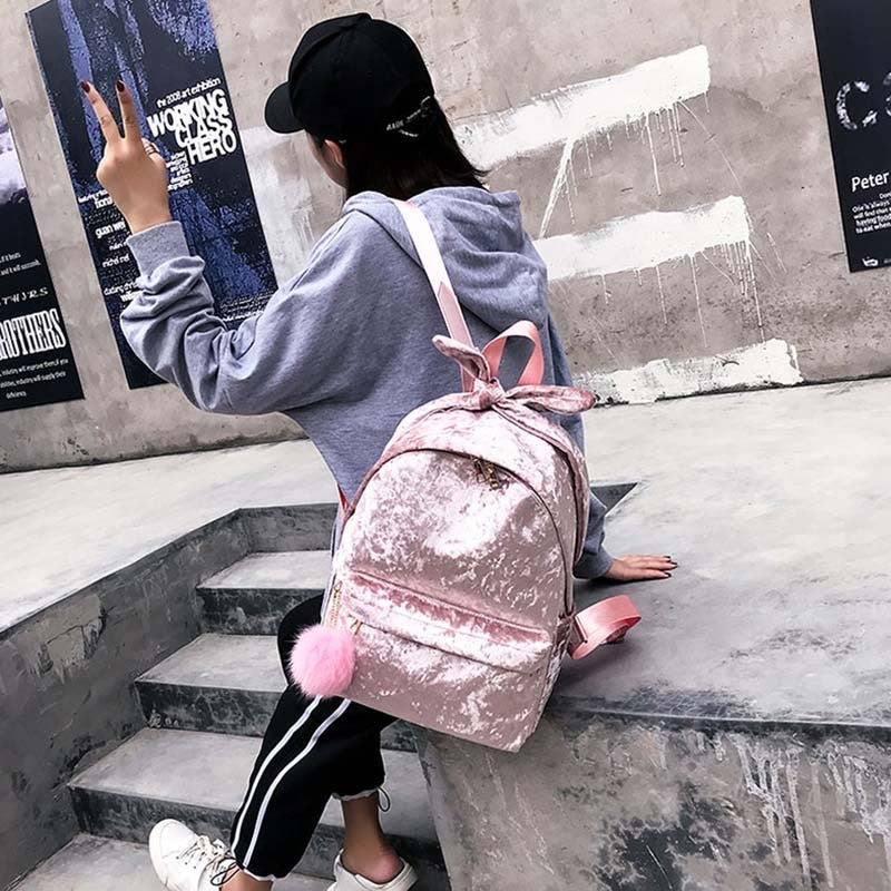 Cute Bow Faux Fur Soft Corduroy Backpack for Girls