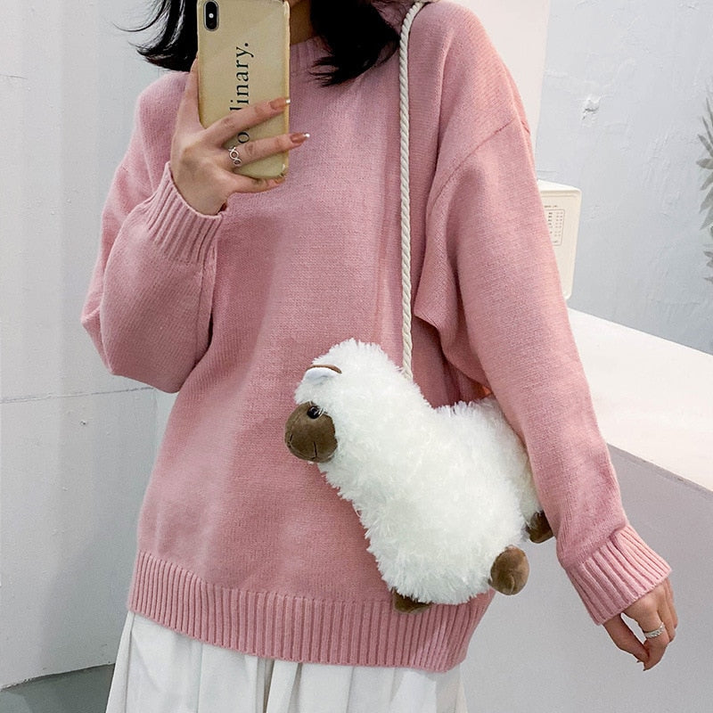Lovely White Alpaca Plush Stuffed Purse Shoulder Bag
