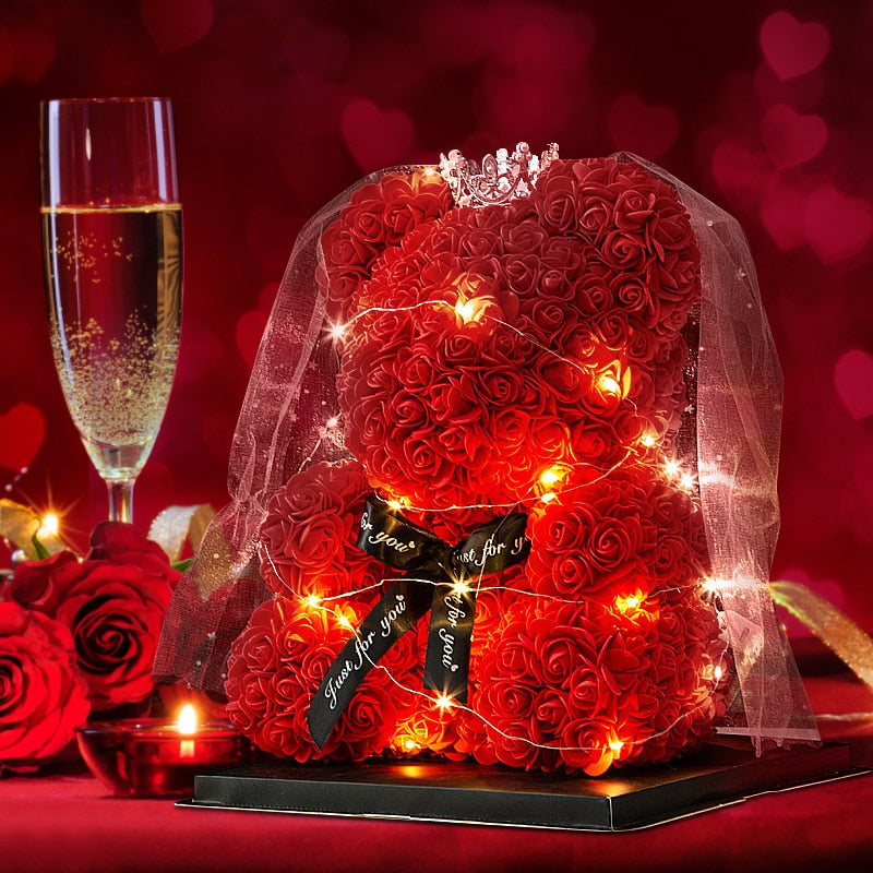 Romantic Crown Rose Teddy Bear with LED Light String Anniversary Valentine's Day Wedding Party Gift