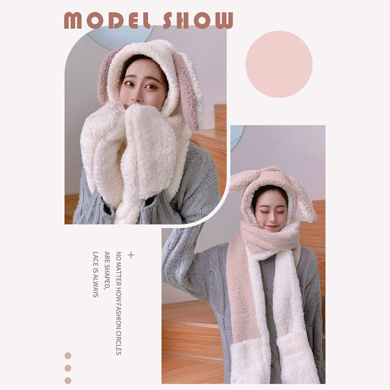 Cute Bunny Long Ear 3 in 1 Plush Warm Hat Scarf Gloves