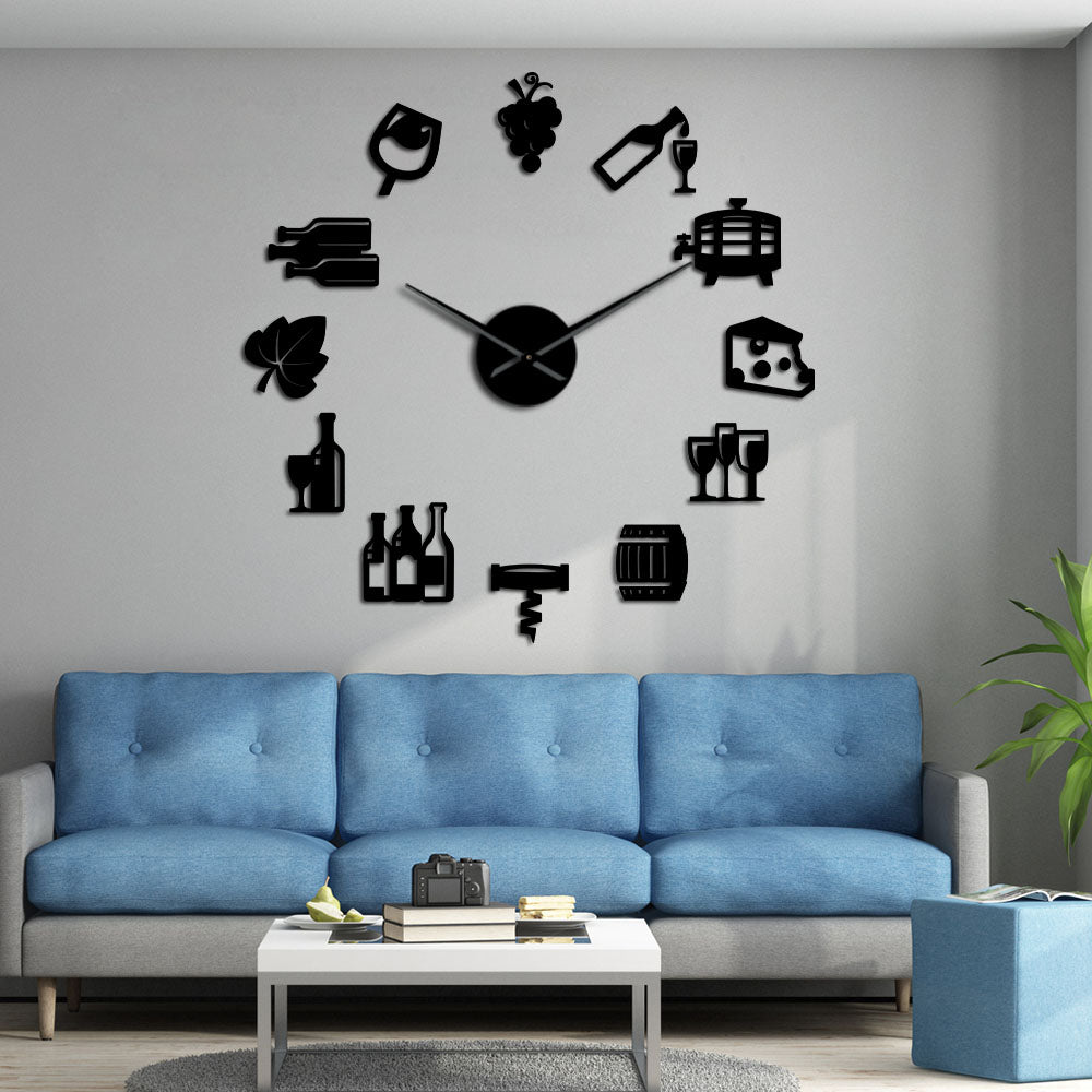 Cheese and Wine Large Frameless DIY Wall Clock Kitchen Art Decor
