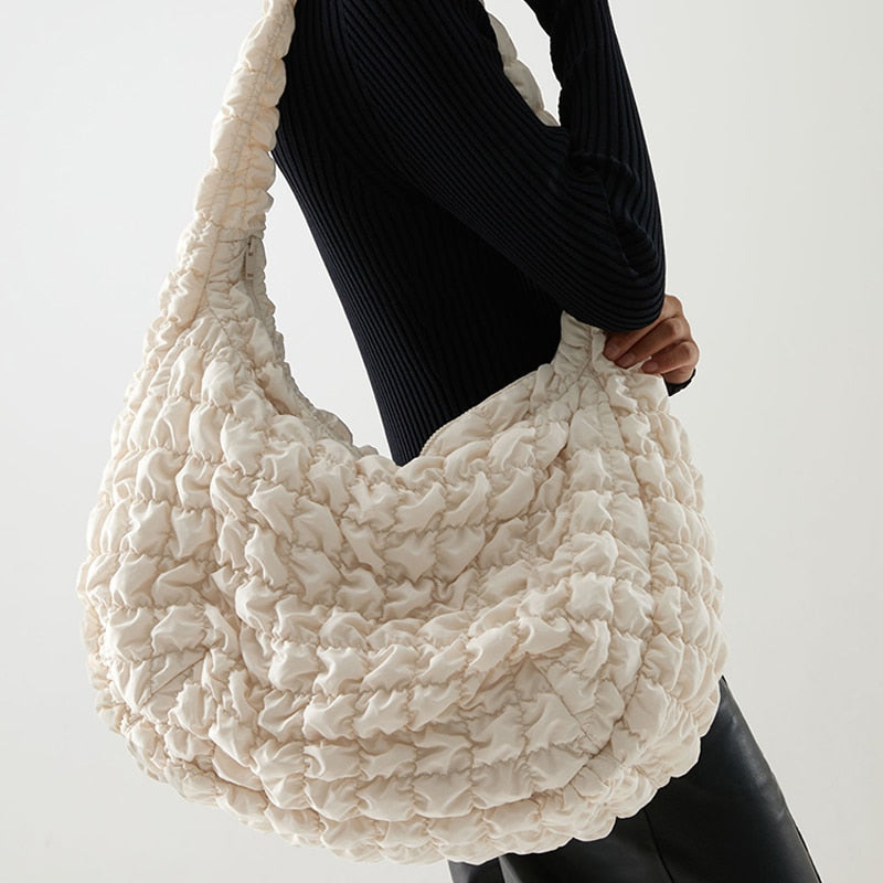 Quilted Padded Ruched Large Capacity Nylon Tote Shoulder Bags