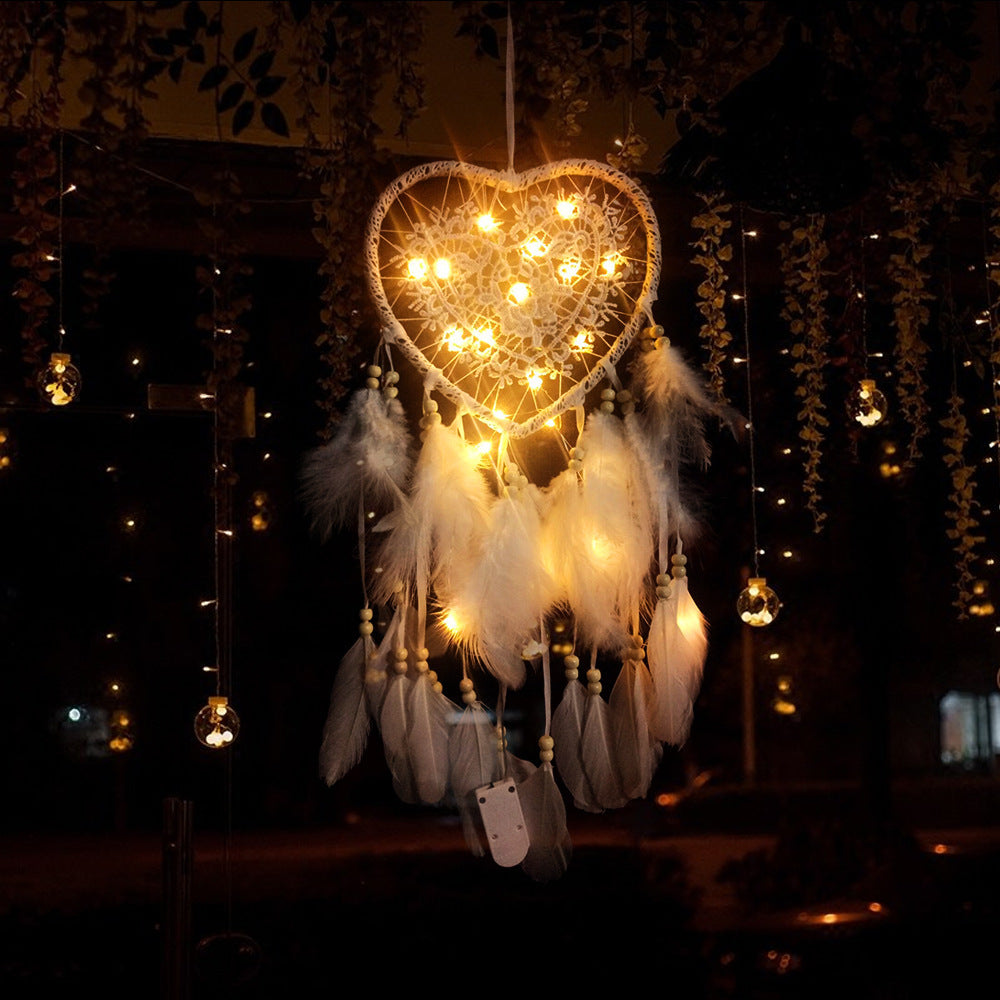 Love Heart Shape LED Night Light Dreamcatcher with Feather