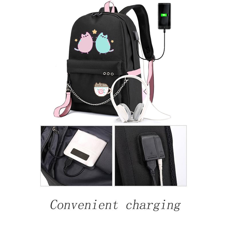 Cute Cartoon Cat Plushie Large Capacity Backpacks School Bag With USB Charging Chain Bundle