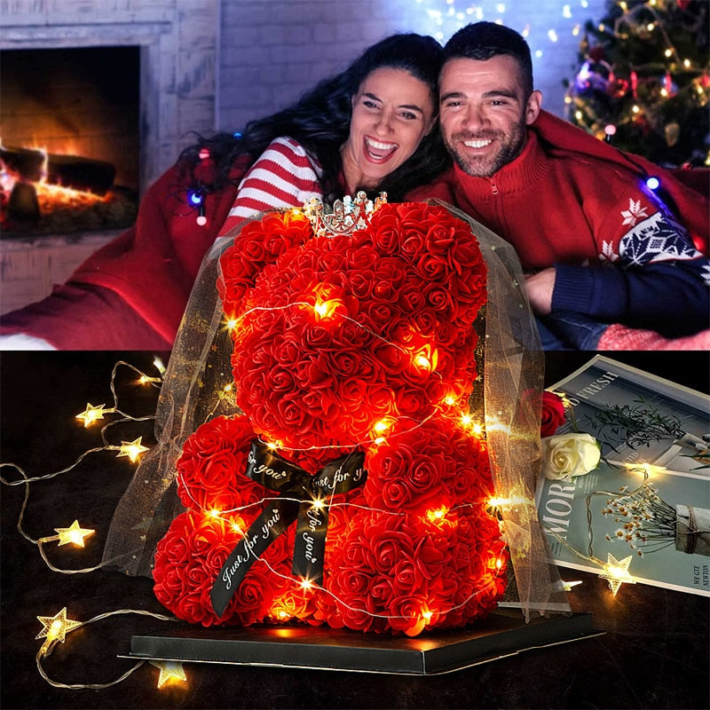 Romantic Crown Rose Teddy Bear with LED Light String Anniversary Valentine's Day Wedding Party Gift