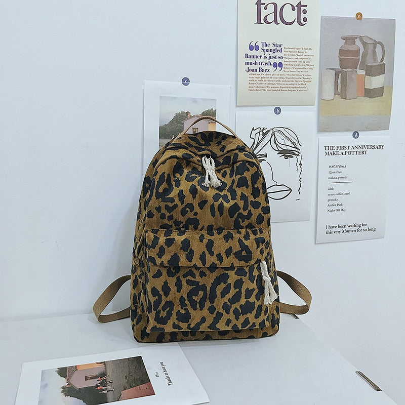 Brown Leopard Print Corduroy Dual Straps Backpack School Bag
