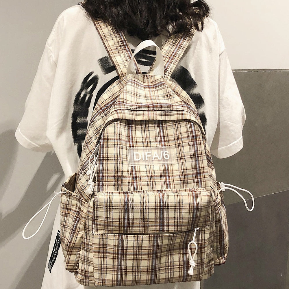 Plaid Lattice Cotton Fabric College School Backpack