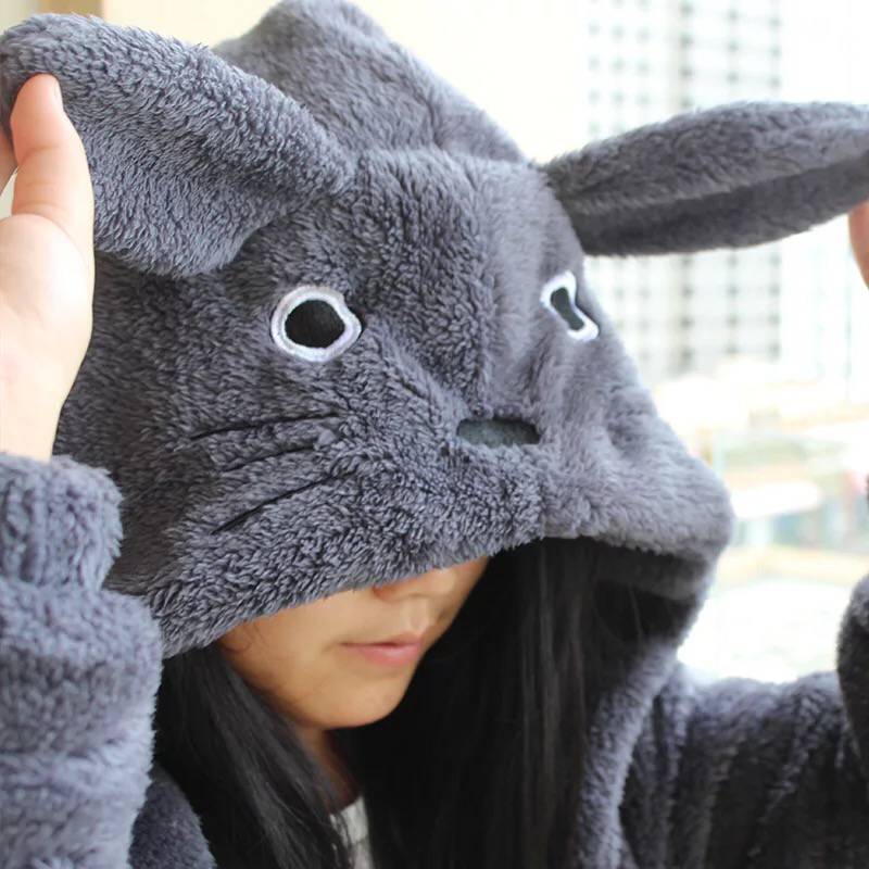 Anime Cosplay My Neighbor Totoro Fleece Plush Gray Hoodie Sweatshirts With Ears