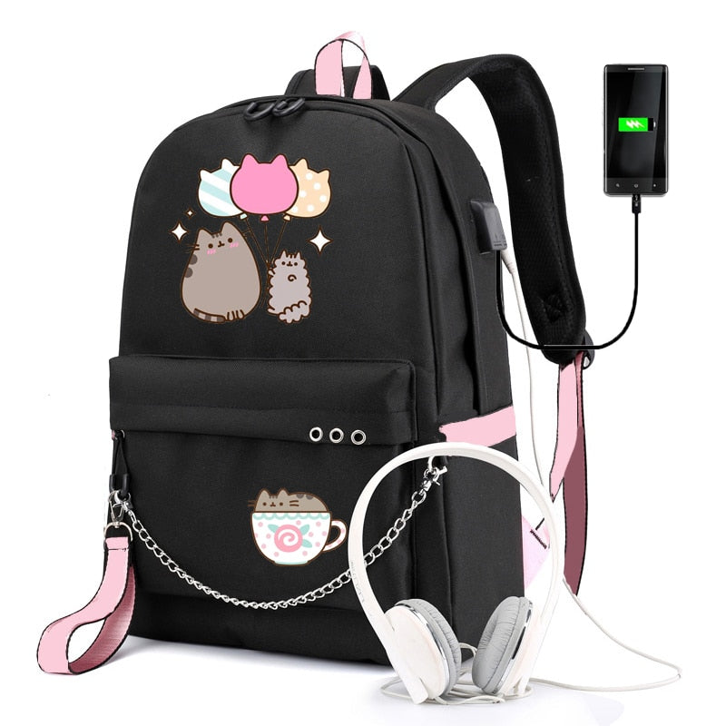 Cute Cartoon Cat Plushie Large Capacity Backpacks School Bag With USB Charging Chain Bundle