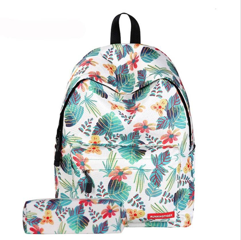 Tree Leaf Flowers Canvas School Bag Backpack With Case