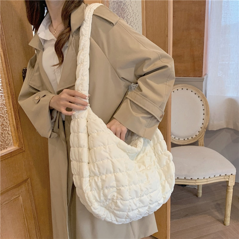 Quilted Padded Ruched Large Capacity Nylon Tote Shoulder Bags