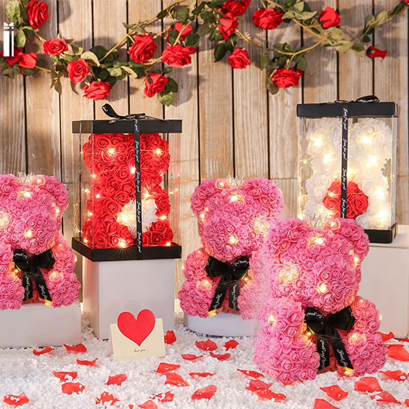 Romantic Crown Rose Teddy Bear with LED Light String Anniversary Valentine's Day Wedding Party Gift