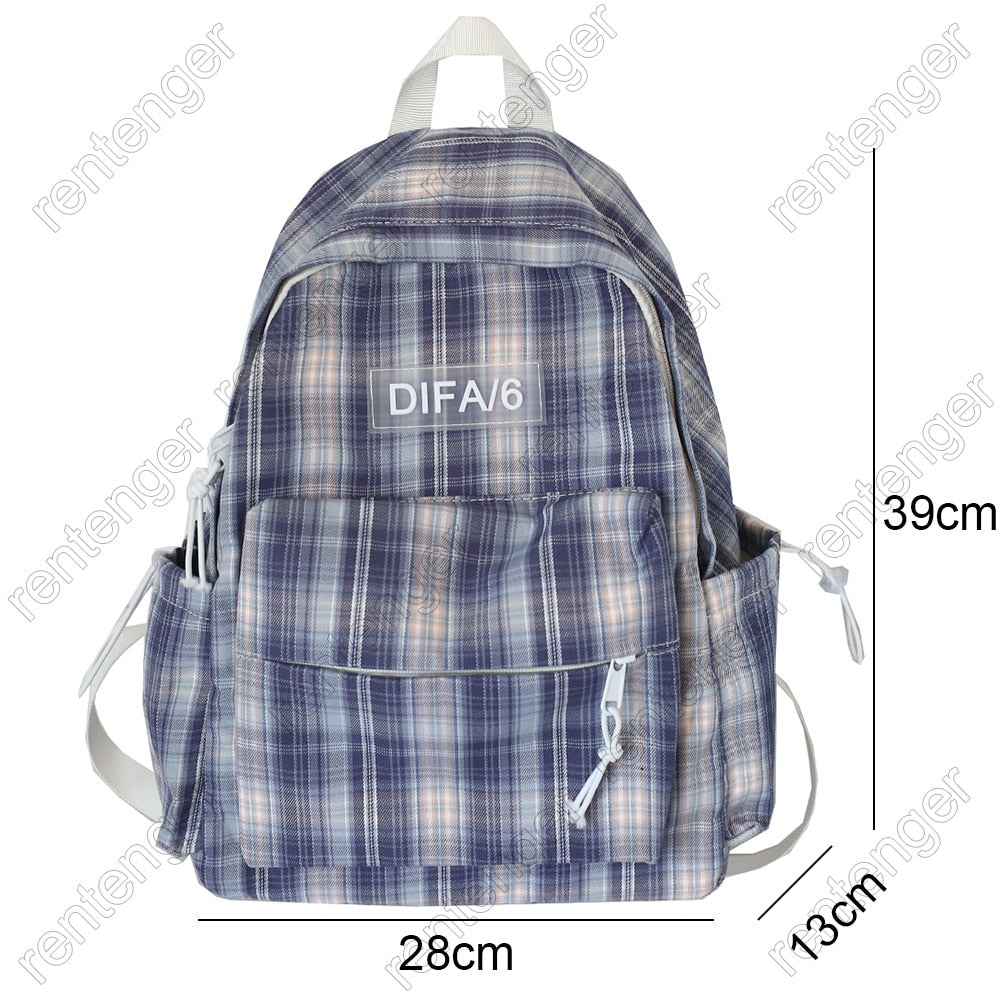 Plaid Lattice Cotton Fabric College School Backpack