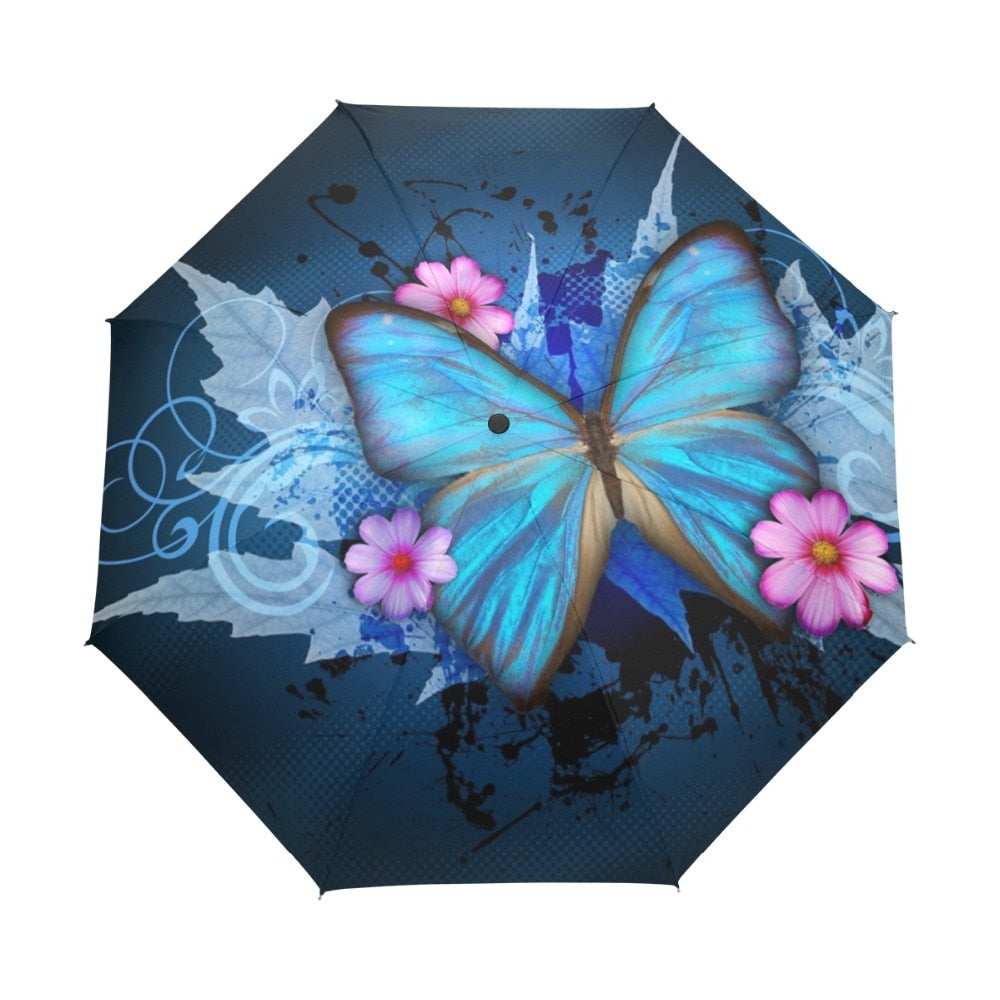 Blue Butterfly Over Flowers Print Folding Automatic Umbrella
