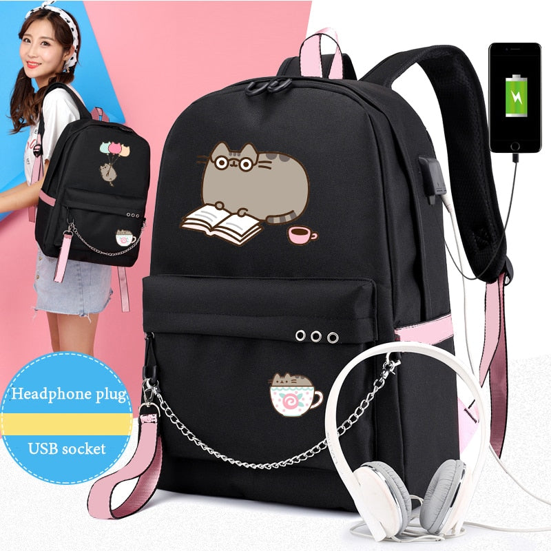 Cute Cartoon Cat Plushie Large Capacity Backpacks School Bag With USB Charging Chain Bundle