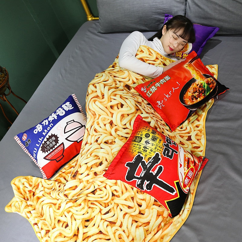 Instant Beef Fried Noodles Stuffed Plush Pillow with Blanket